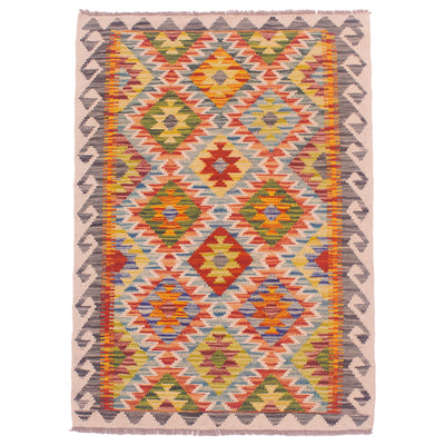 Multicolour Afghan Kilim rug - geometric all over pattern with grey and beige border