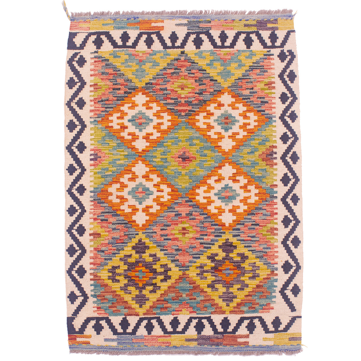 Afghan Multicolour Kilim Rug with colourful geometric field design and monochrome border with meandering pattern.