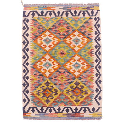 Afghan Multicolour Kilim Rug with colourful geometric field design and monochrome border with meandering pattern.