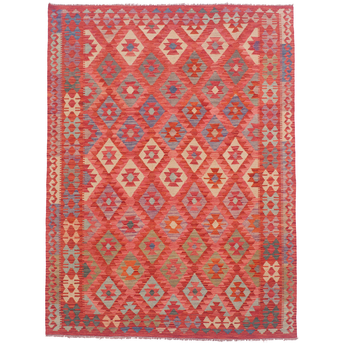 All over geometric design Afghan Veg Dye Kilim rug in colours of pink and red along with shades of beige, blue, turquoise and green.