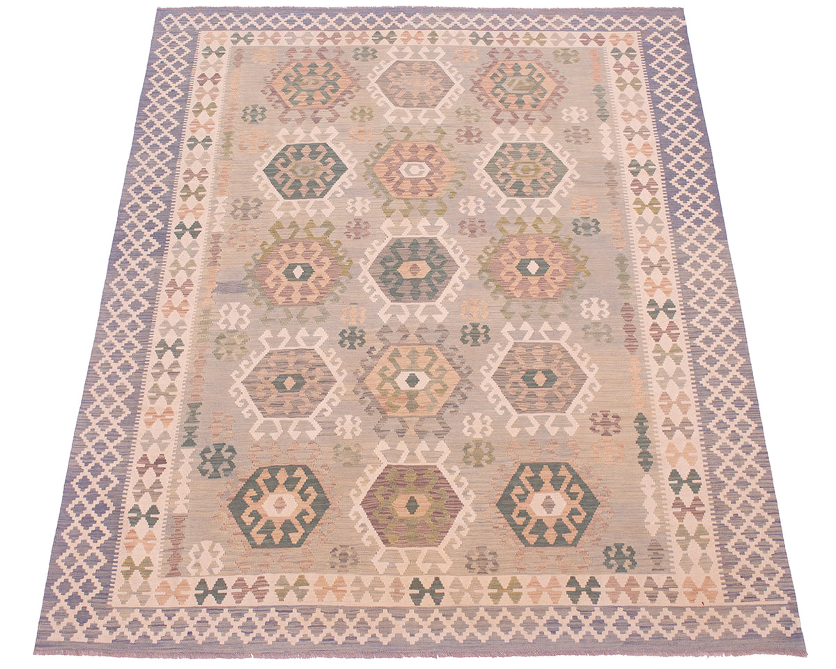 A rectangular 10x8 large Afghan Veg Dye Kilim area rug with a traditional geometric pattern, featuring a central field of hexagonal medallions and a patterned border in muted tones of beige, blue, green, and orange.
