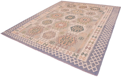 A rectangular Large Afghan Veg Dye Kilim area rug with a geometric tribal pattern in muted tones of beige, dusty blue, sage green, and terracotta, shown from an elevated angle on a white background.