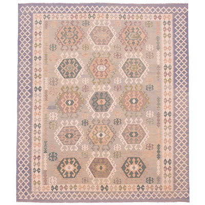 Soft colour Large Afghan Veg Dye Kilim with all over design; green-grey colour with blue and cream.