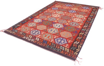 A 8x5'8 rectangular woven Kilim area rug with a geometric tribal pattern in red, blue, beige, and orange, shown on a plain white background.