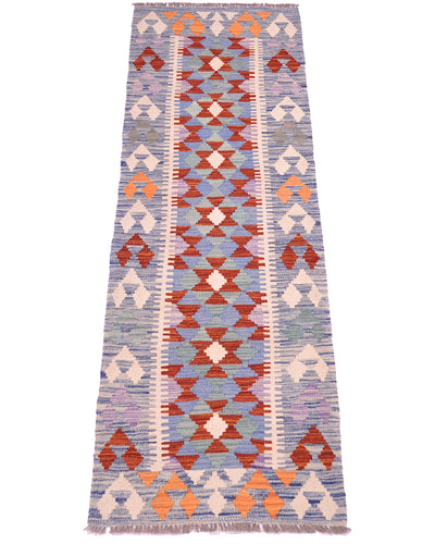 A 2m long rectangular Handwoven Short Kilim Runner rug with a geometric tribal pattern in blue, orange, red, and cream, shown flat against a white background.