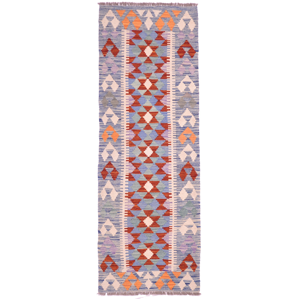 Handwoven Short Kilim Runner; blue with rust and cream.