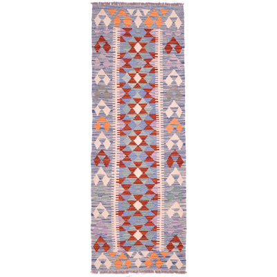 Handwoven Short Kilim Runner; blue with rust and cream.