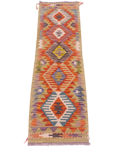 A narrow woven miniature runner rug with a geometric diamond pattern in orange, beige, blue, purple, and yellow, shown flat against a white background.