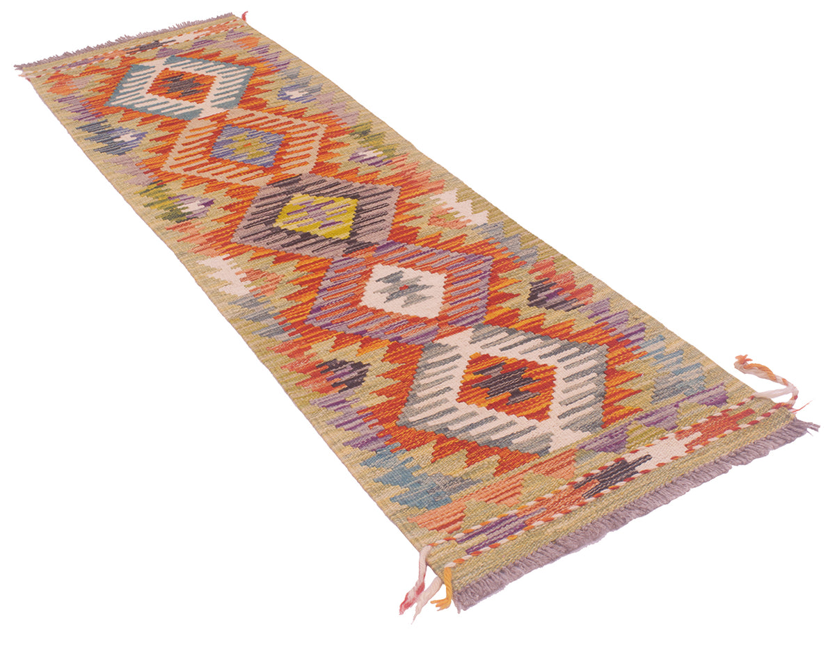 A Narrow Afghan Kilim Strip with a geometric diamond pattern in orange, beige, purple, blue, and white, featuring fringe on two ends, shown on a plain white background.