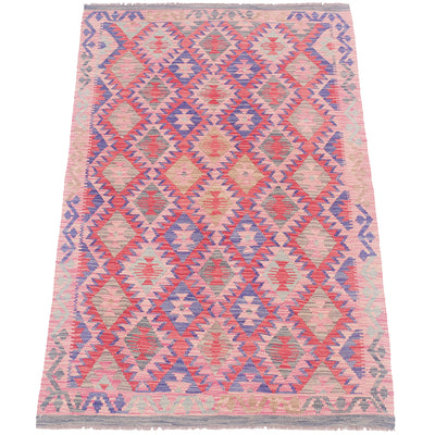 A rectangular 6x4 handwoven woven Kilim area rug with a geometric diamond pattern in pink, blue, and beige, shown flat against a white background.