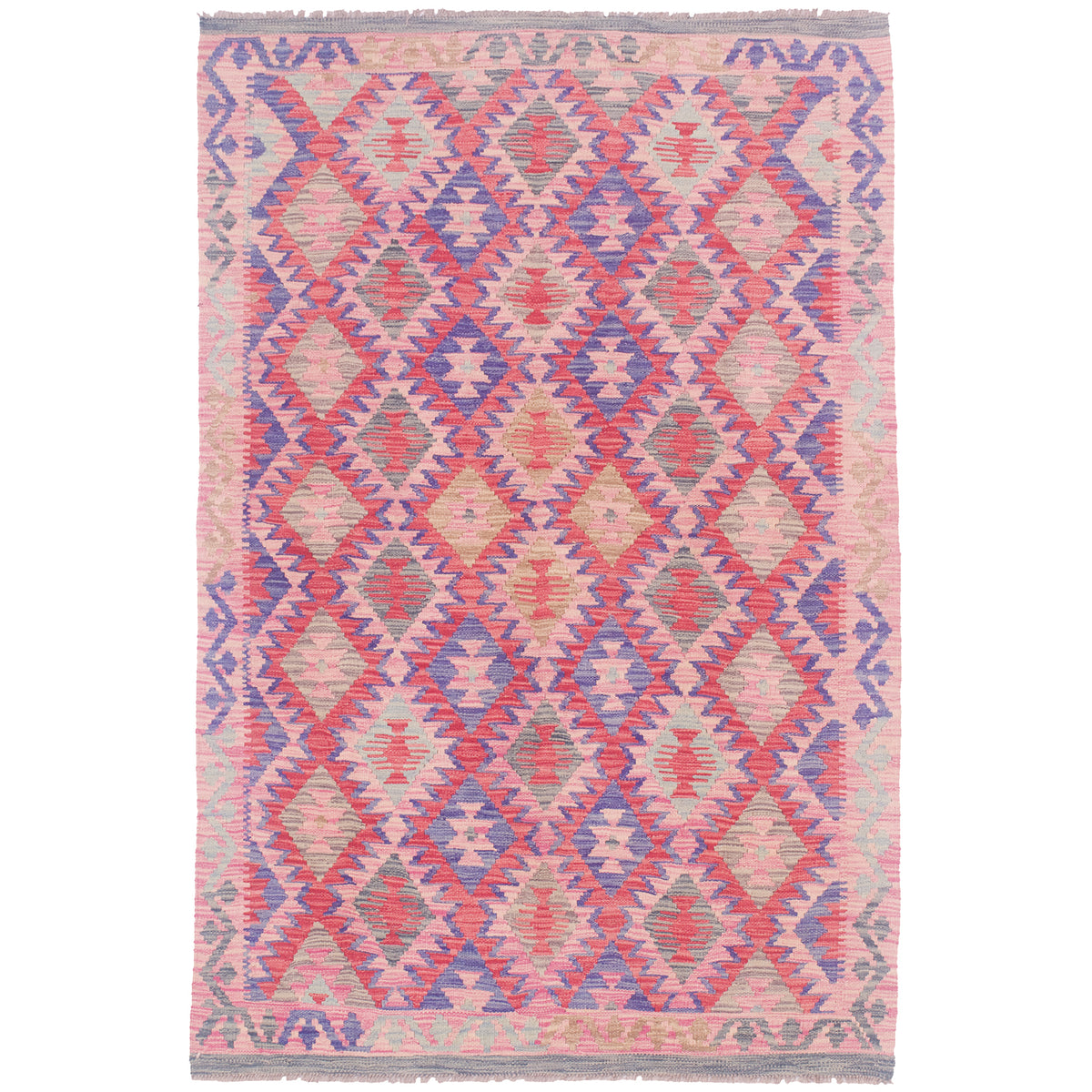 Handwoven Afghan Pink and Blue Kilim Rug with all over geometric design.