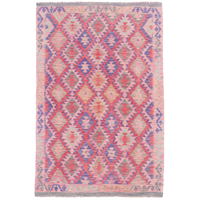 Handwoven Afghan Pink and Blue Kilim Rug with all over geometric design.