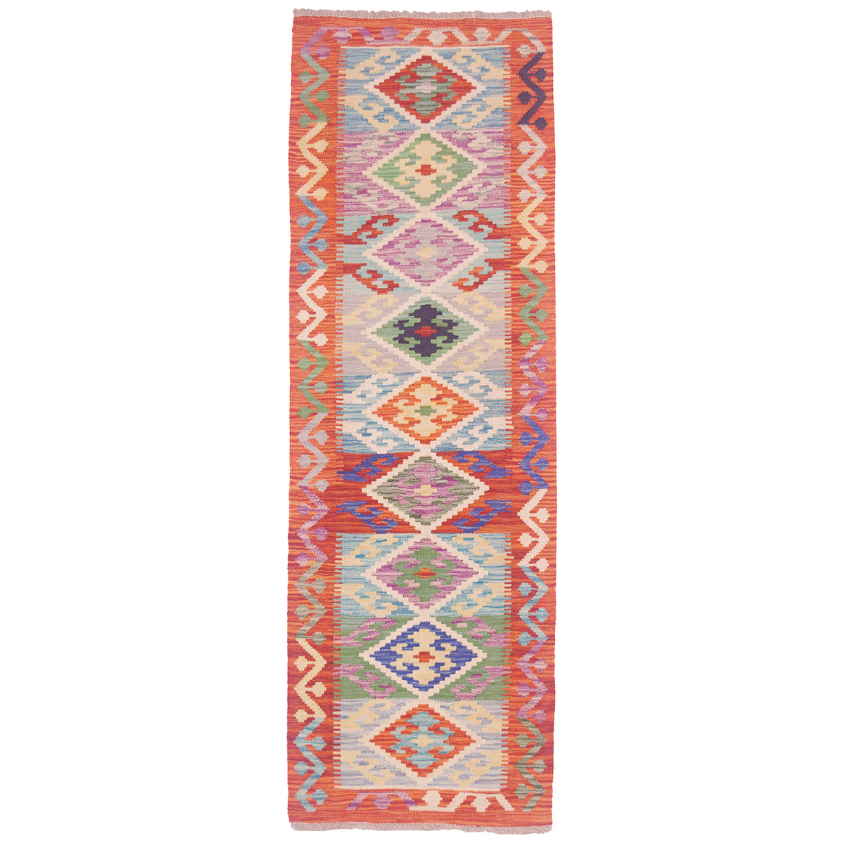 Multicolour Afghan Kilim short runner with rust border with geometric 9 medallion design.