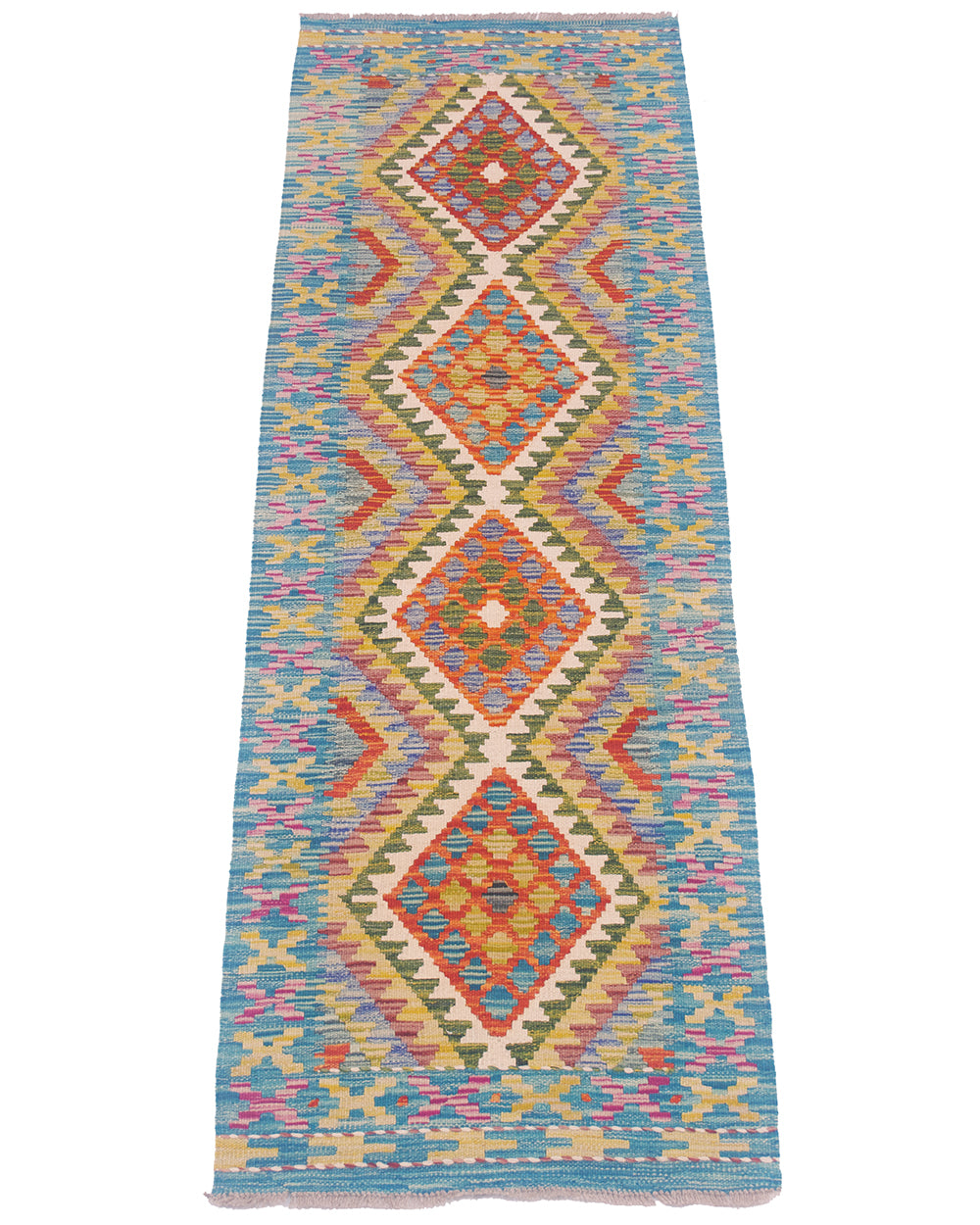 A rectangular woven Afghan Kilim Short runner rug with a blue base and vertical diamond motifs in orange, red, green, cream, and pink, shown flat against a white background.