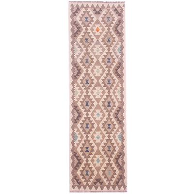 Afghan Natural Dye Kilim Runner with neutral tones of brown, cream, & grey with touches of blue, turquoise & orange.