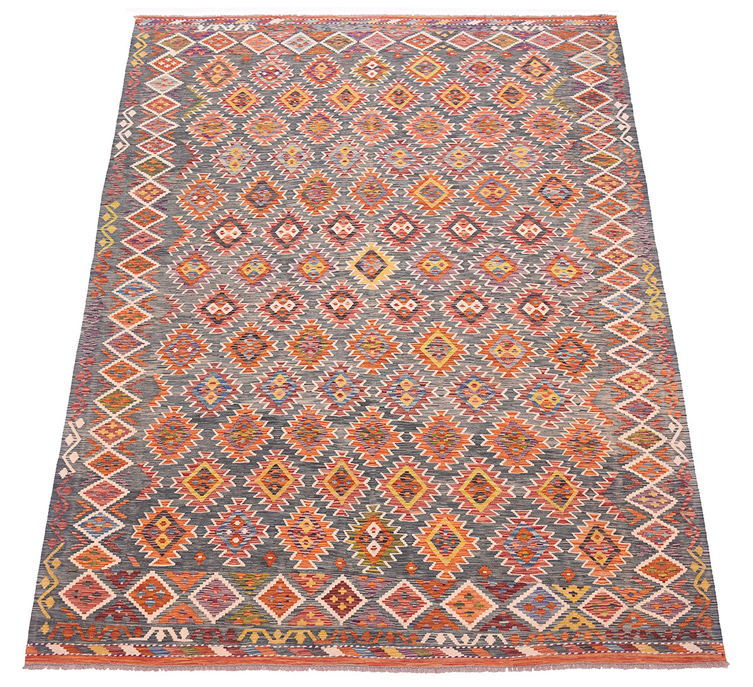 A rectangular Large Afghan green Kilim with a traditional geometric kilim pattern, featuring a green background with orange, red, yellow, and white diamond motifs and a decorative border.