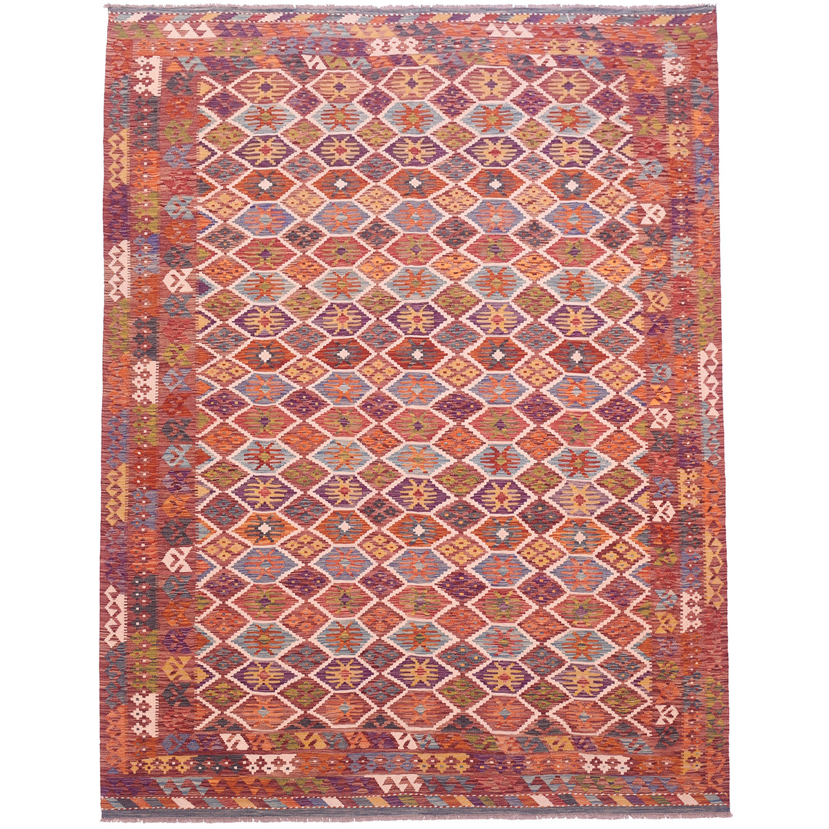 Large Handwoven Afghan Kilim rug with all over geometric design with plum & multicolour theme.