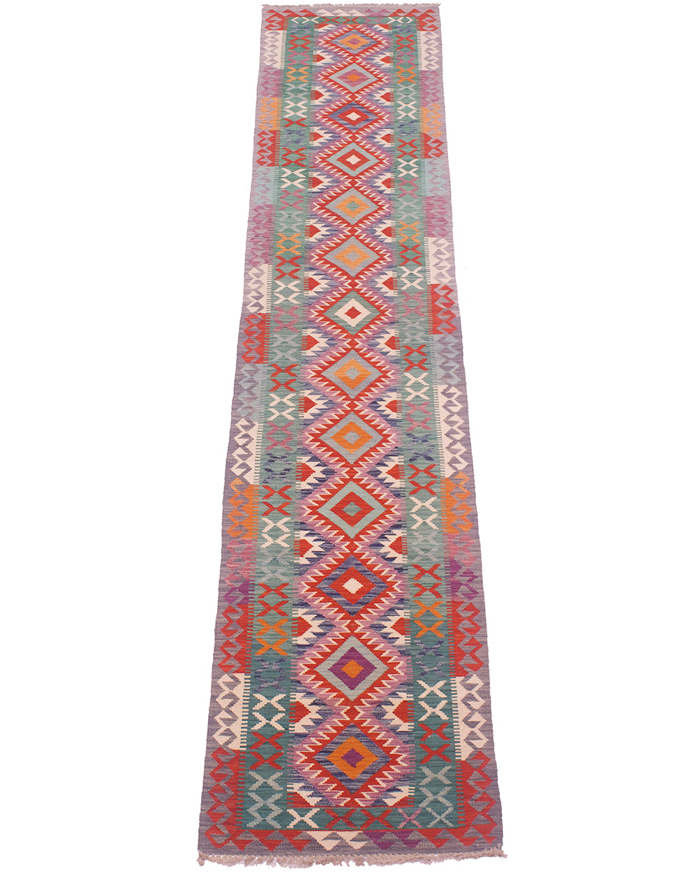 Colorful kilim runner rug with red orange blue geometric motifs and patterned border