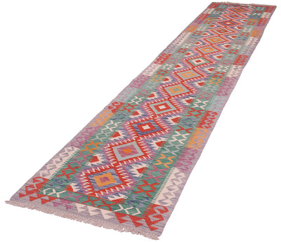Colorful kilim runner rug with multicolor diamond lattice pattern and short fringe end