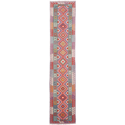 Colorful kilim runner rug with central diamond row and zigzag borders