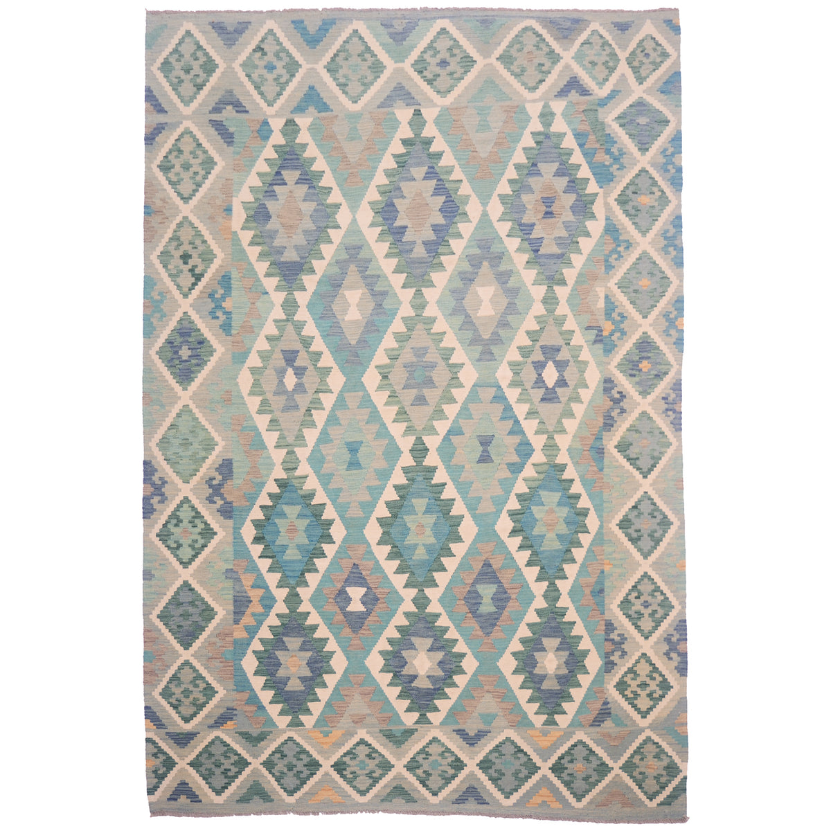 Green, turquoise, blue and cream handwoven Afghan Kilim with all over geometric design.
