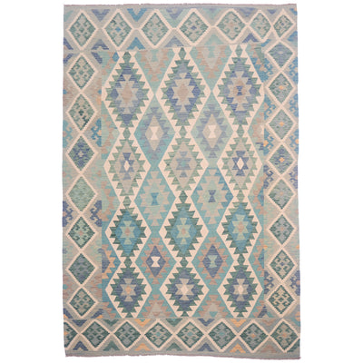 Green, turquoise, blue and cream handwoven Afghan Kilim with all over geometric design.