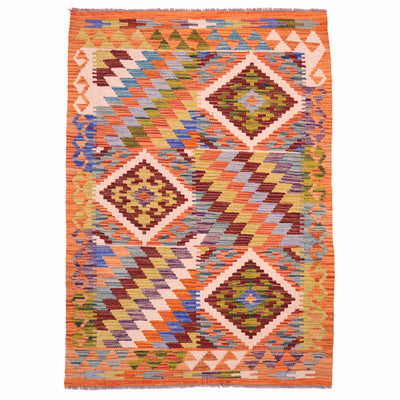 Handwoven Afghan Kilim wool rug with geometric 6 panel design and multicolour theme.