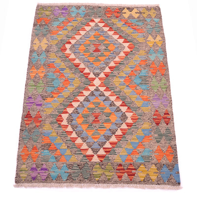 A 4x2'8 rectangular Afghan handwoven Kilim Rug with a geometric diamond pattern in multiple colours including orange, blue, red, yellow, green, and purple on a grey background, shown flat against a white background.