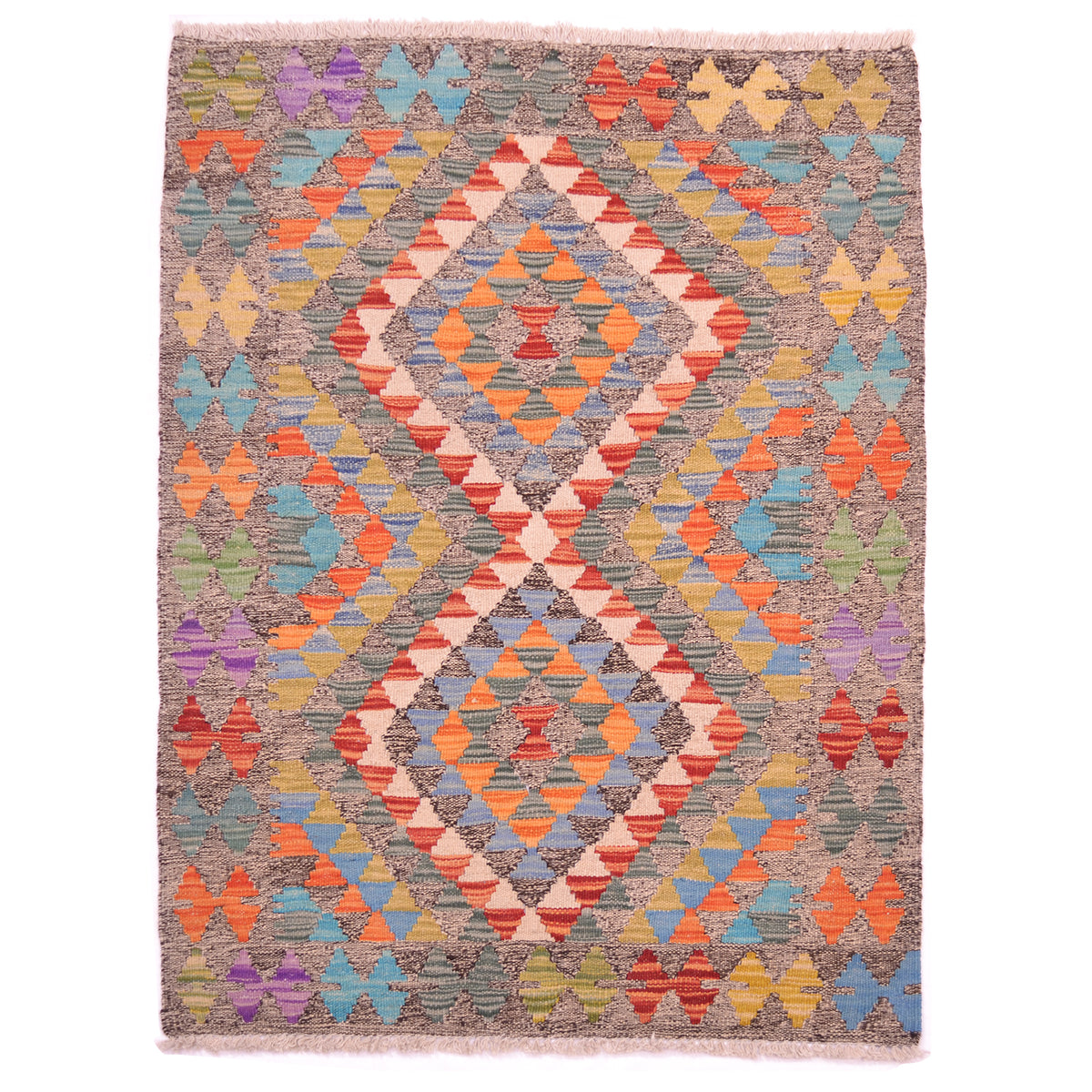 Afghan handwoven Kilim Rug: salt & pepper background / two-tone black and white with contrasting colourful geometric design.