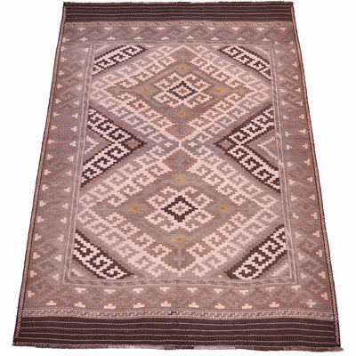 A 7x5 rectangular Old handwoven Afghan Kilim rug with a geometric tribal pattern in shades of brown, beige, and grey, featuring a central diamond motif and a striped border.