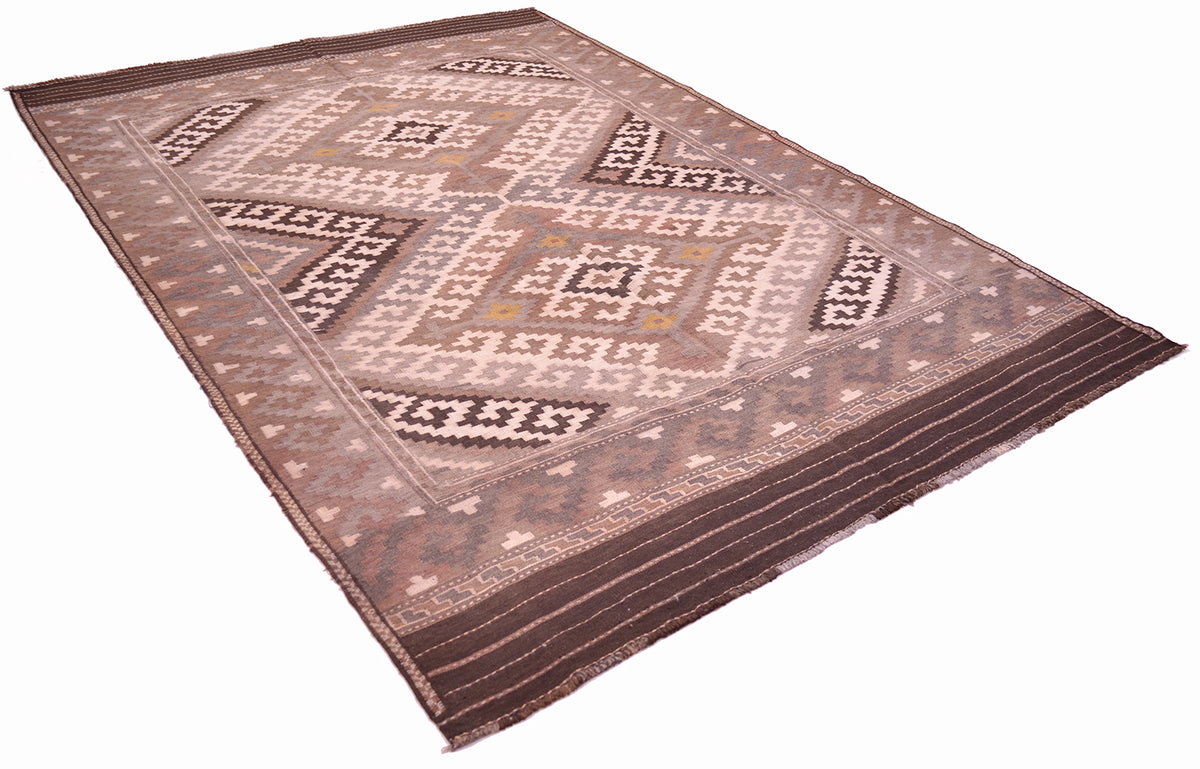 A rectangular old handwoven Afghan Kilim rug with a traditional geometric pattern in shades of brown, beige, and muted tan shown from an angled overhead perspective on a white background.