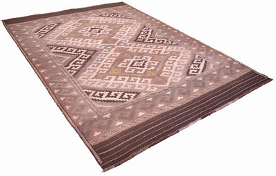 A rectangular old handwoven Afghan Kilim rug with a traditional geometric pattern in shades of brown, beige, and muted tan shown from an angled overhead perspective on a white background.