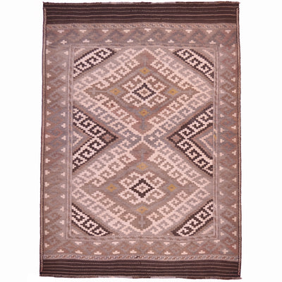Old handwoven Afghan Kilim rug with geometric double medallion design in colours of beige, brown and grey.
