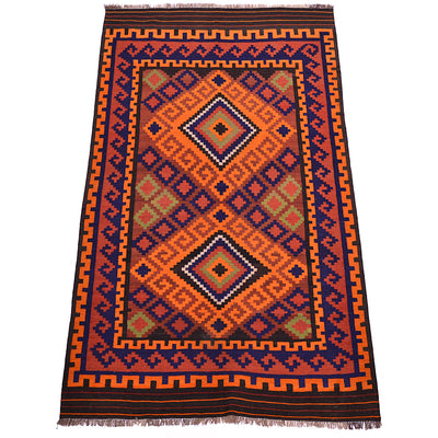 Colorful vintage Kilim rug with geometric border in orange, navy, rust, and cream; fringed.