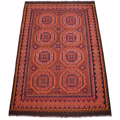A 13x9'6 rectangular authentic old handwoven Afghan Kilim with a traditional geometric pattern in rust red, orange, and dark navy blue, featuring octagonal medallions and a decorative border.
