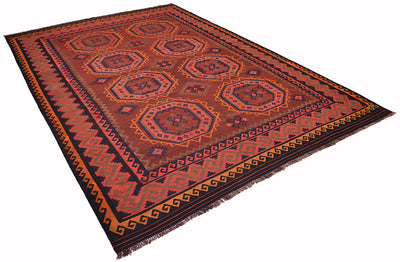 A rectangular 4x2.8m authentic old handwoven Afghan Kilim with a traditional geometric pattern in rust red, orange, brown, and black, shown from an elevated angle on a white background.