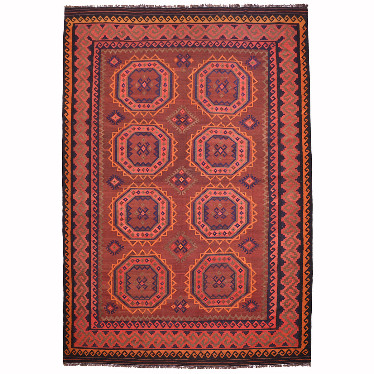 Authentic old handwoven Afghan Kilim with geometric 8 gul design on a mahogany ground.