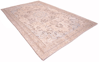 Angled view of  handknotted vintage oriental floral medallion carpet with soft  beige cream ground with detailing of mid brown and dark brown defining outlining.