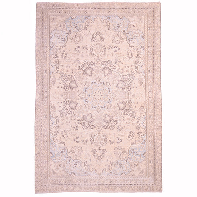 Pale vintage rug: faint floral medallion design on creamy white beige ground with detail in spandrels in pale powder blue and dark brown and mid brown outlining/ definfing floral motifs.