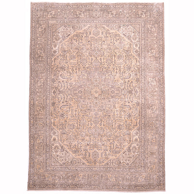Vintage Oriental carpet with faded colours of gold, beige and taupe &  brown with hints of sage green geometric medallion design. Zero pile distressed vintage.