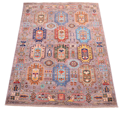 A 7x5 rectangular Afghan Waziri rug with an intricate traditional pattern, featuring a grey base color with multiple colourful medallions in blue, red, orange, green, and yellow.