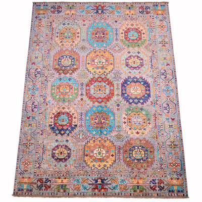A 8x5'9 Afghan Waziri area rug with a traditional geometric pattern, featuring a grey central field of colourful medallions and a decorative border, shown flat against a white background.