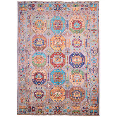 Afghan handmade colourful Waziri rug with 15 guls on a grey ground.