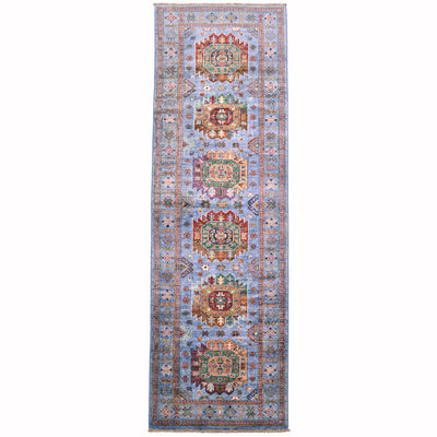 Handmade Waziri runner with blue main colour and 5 large gul motifs.