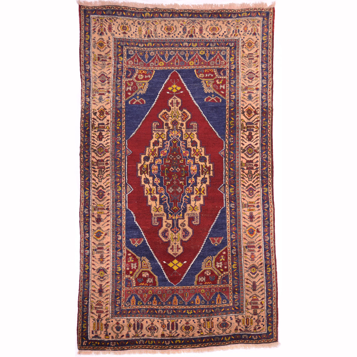Old Turkish Yahyali rug red field with geometric medallion design & apricot border.