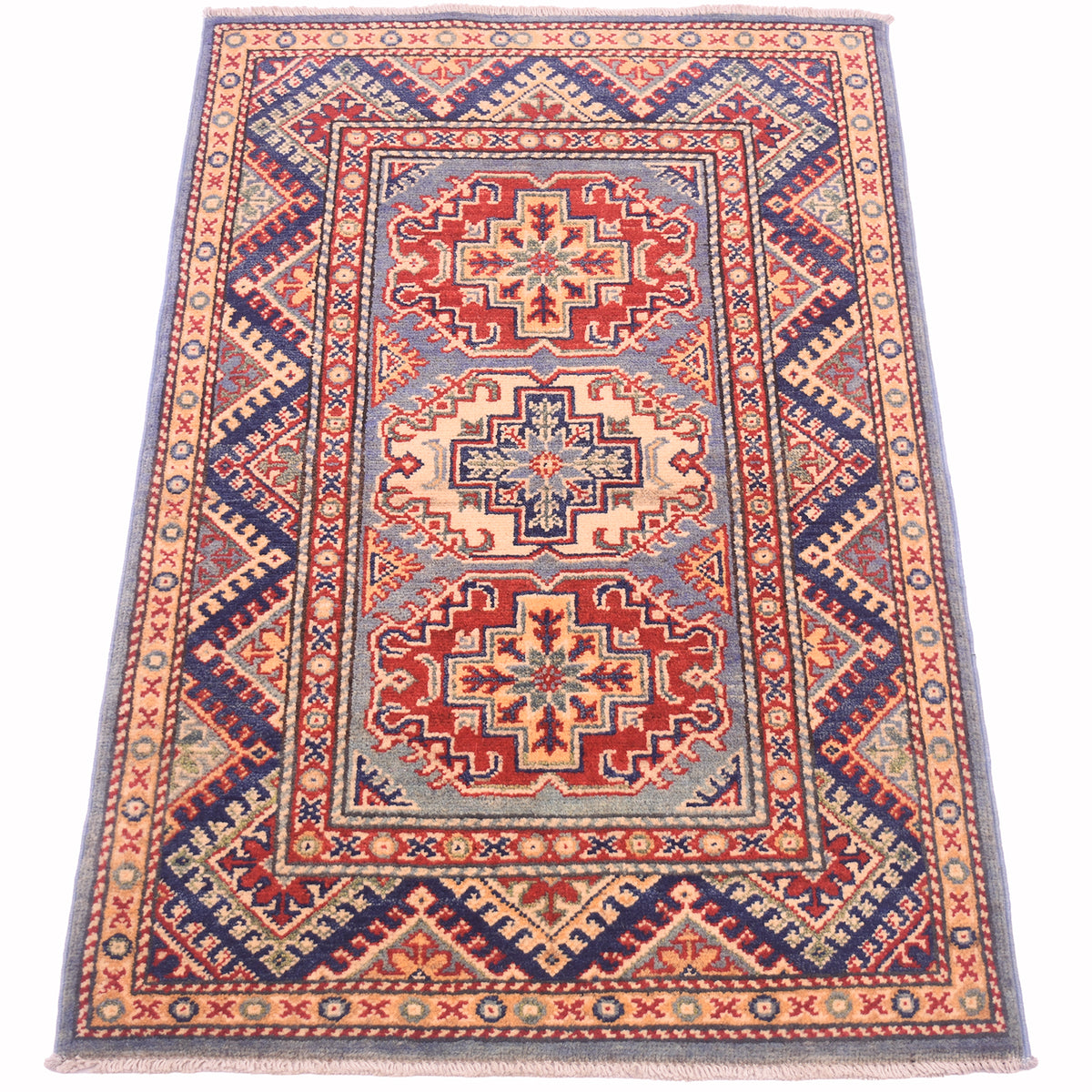 Handmade Afghan Yakash Kazak rug with three stacked medallions and geometric pattern, red and navy