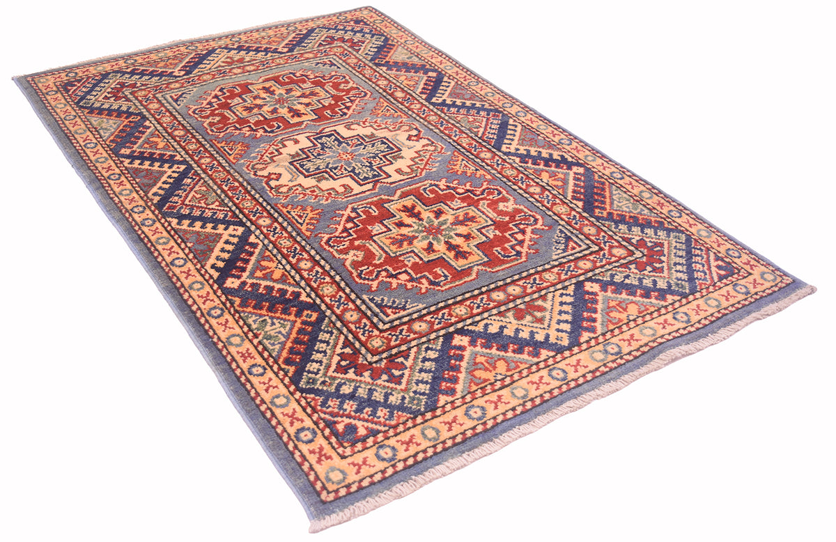 Handmade Afghan Yakash Kazak rug laid diagonally with ornate medallions and patterned border