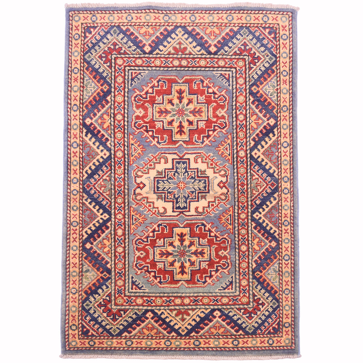 A traditional handmade Afghan Yakash Kazak rug with a complex geometric medallion pattern in red, navy blue, beige, and light blue, shown flat against a white background.