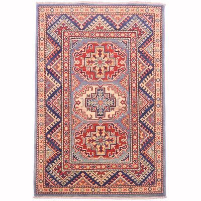 Handmade Afghan Yakash Kazak rug with central medallion and geometric motifs, red blue border