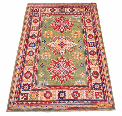 Handmade green wool Afghan Kazak rug with three red snowflake motifs and patterned border